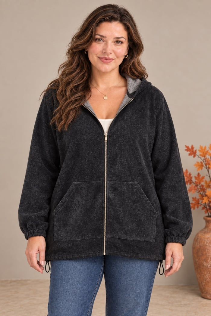 Yumuşak Kadife Tuşeli Fermuarlı Büyük Beden Sweatshirt Siyah