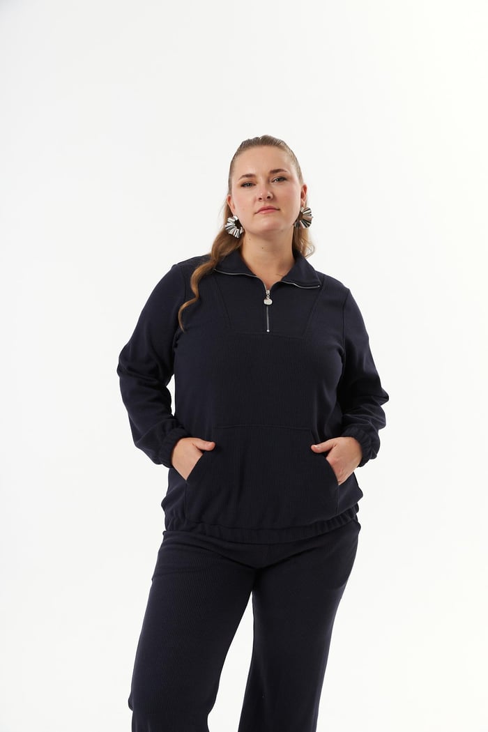 Büyük Beden Yakası Fermuarlı Sweatshirt Lacivert