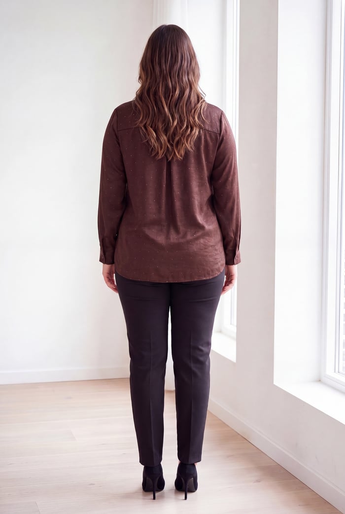 Taş Baskılı Kadın Büyük Beden Efektli Saten Gömlek Kahve - RMG