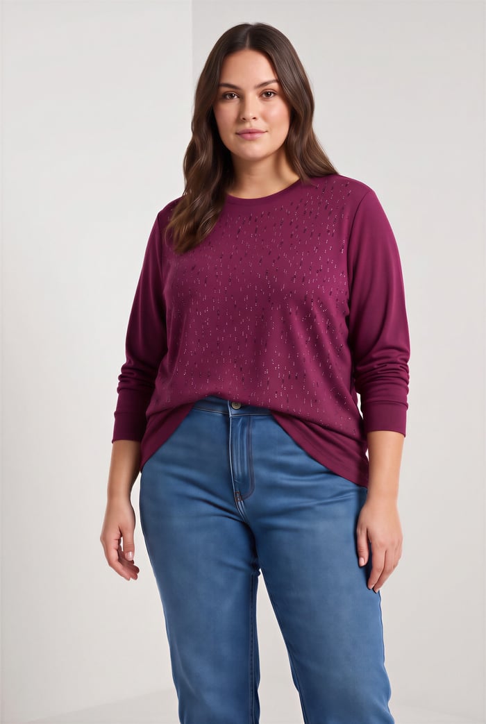Taş Detaylı Büyük Beden Modal Örme Sweat Bordo
