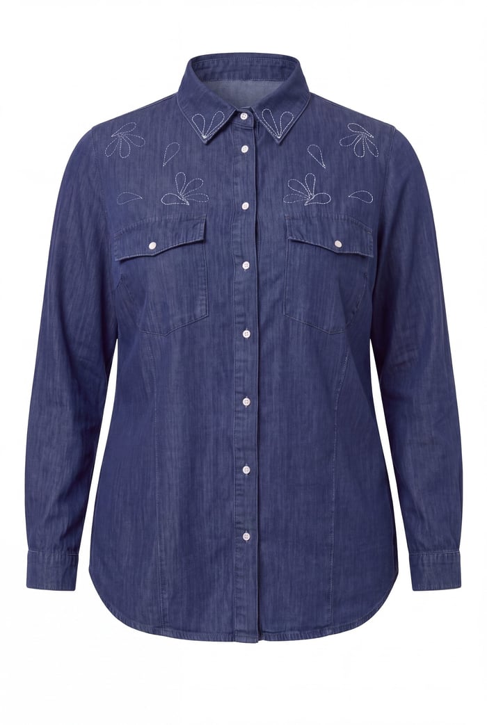 Taş Detaylı Büyük Beden Pamuklu Gömlek Lacivert - RMG