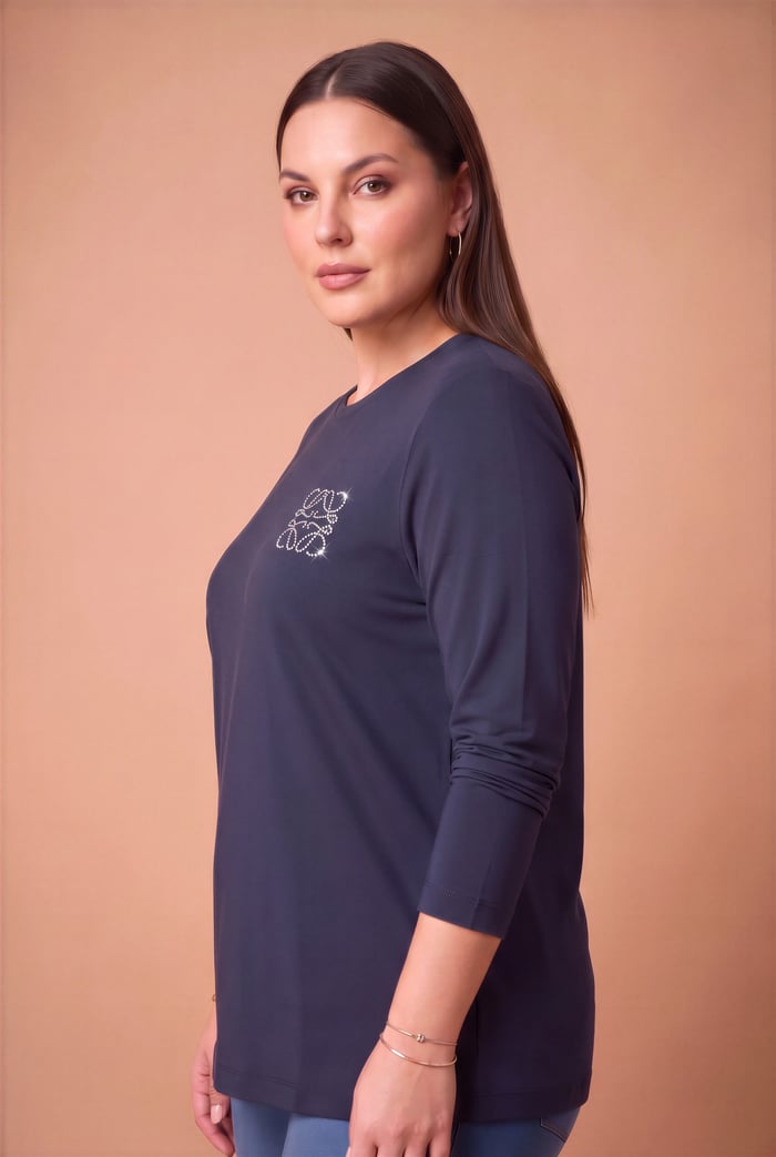 Taş Logolu Modal Büyük Beden Örme Sweatshirt Lacivert - RMG