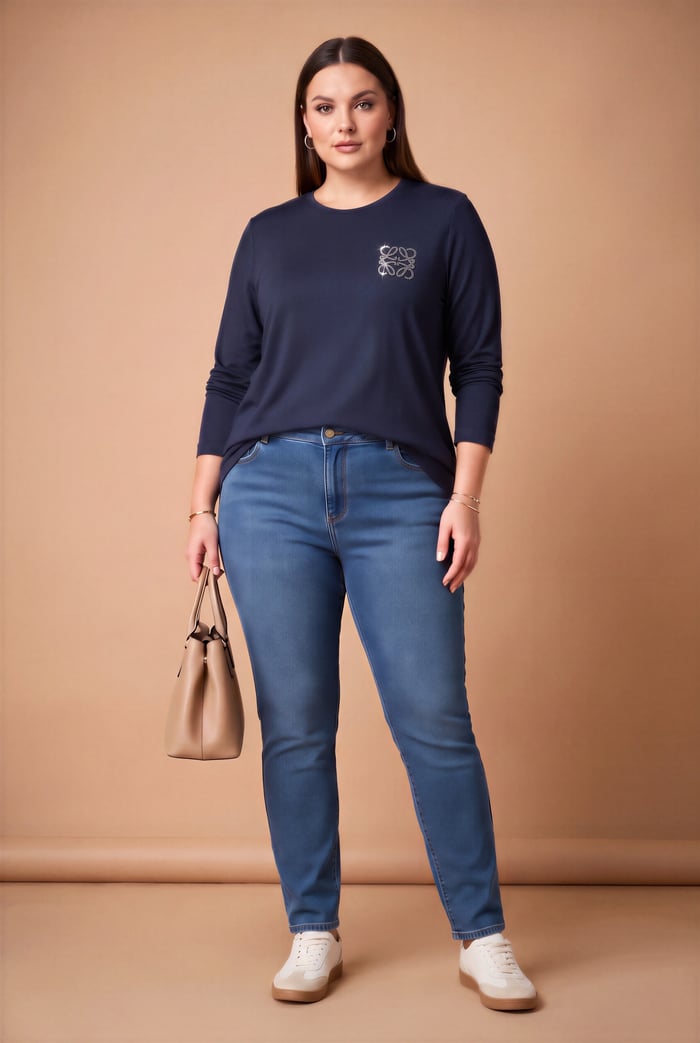 Taş Logolu Modal Büyük Beden Örme Sweatshirt Lacivert - RMG