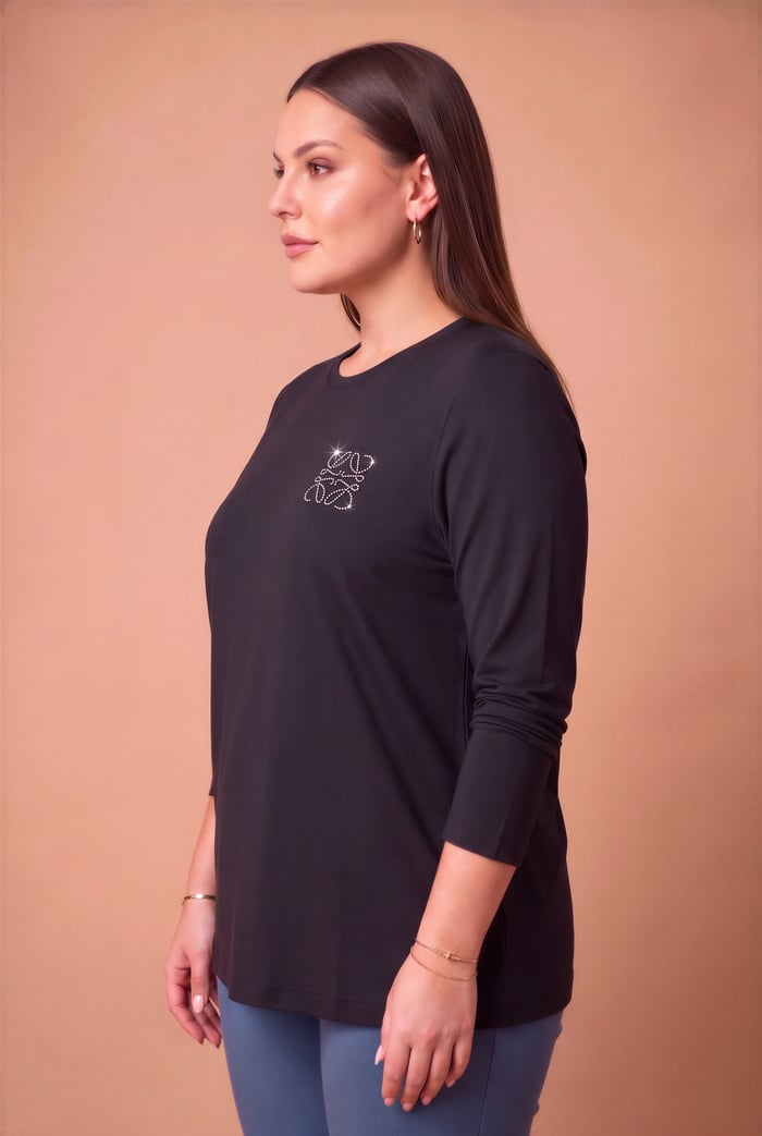 Taş Logolu Modal Büyük Beden Örme Sweatshirt Siyah - RMG