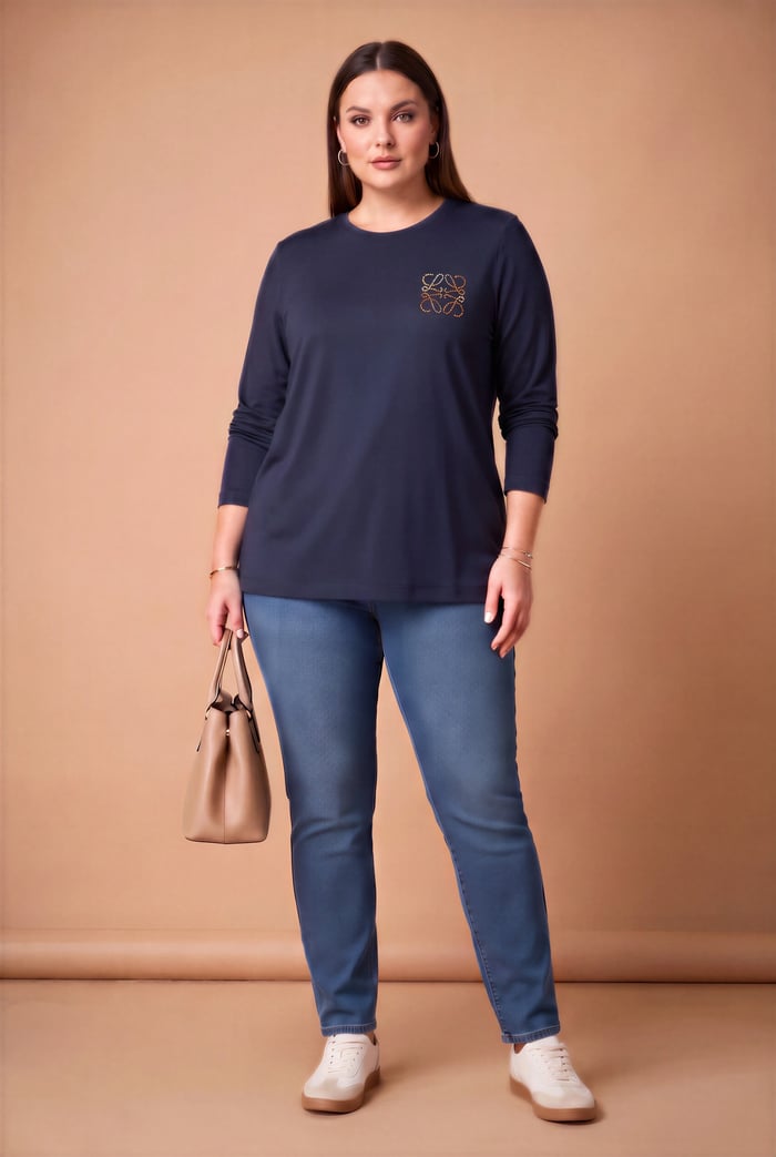 Taş Logolu Modal Büyük Beden Örme Sweatshirt Lacivert - RMG
