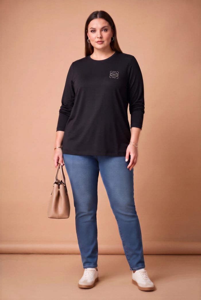 Taş Logolu Modal Büyük Beden Örme Sweatshirt Siyah - RMG