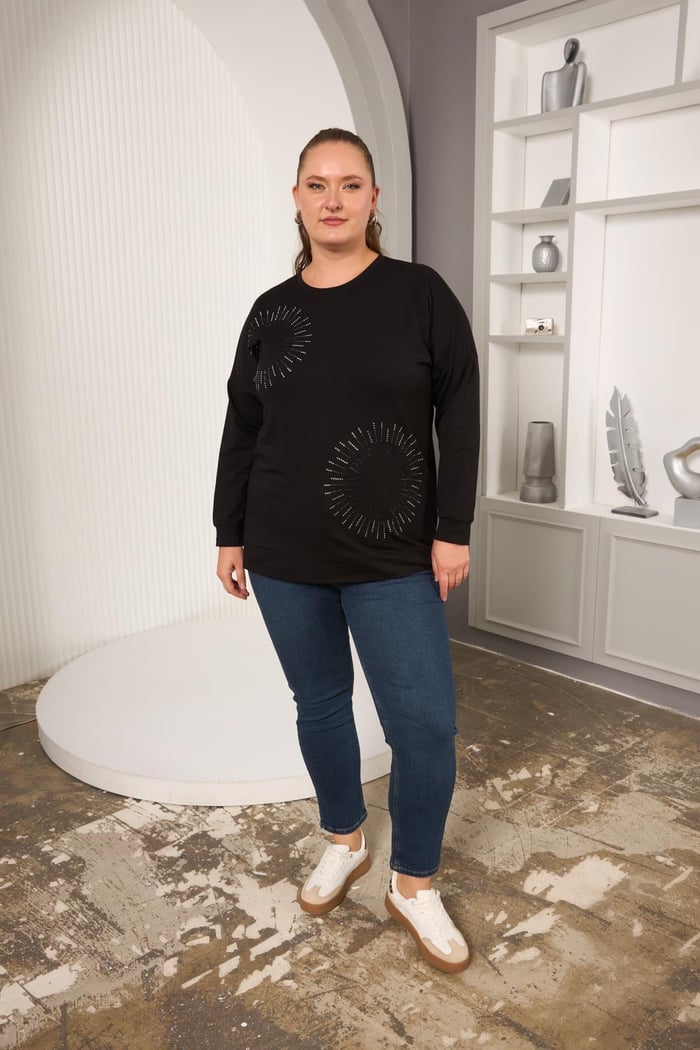 Taş Ve Nakışlı Büyük Beden Sweatshirt Siyah