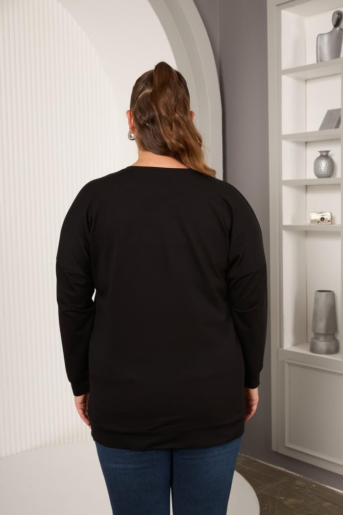 Taş Ve Nakışlı Büyük Beden Sweatshirt Siyah