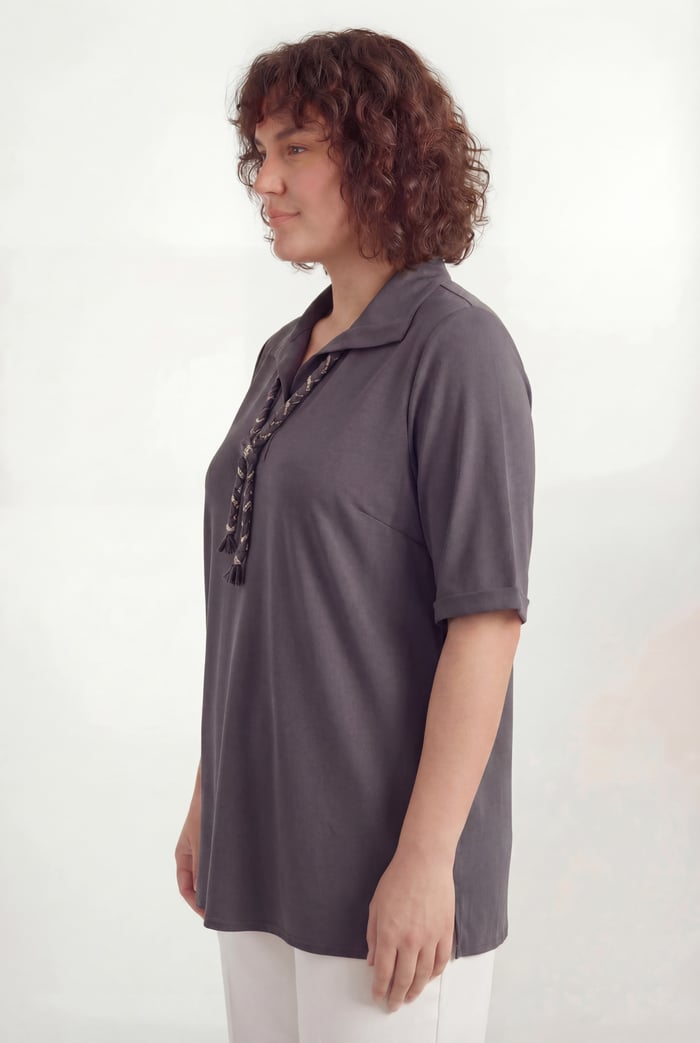 Yaka Bağcıklı Büyük Beden Modal Bluz Siyah - RMG