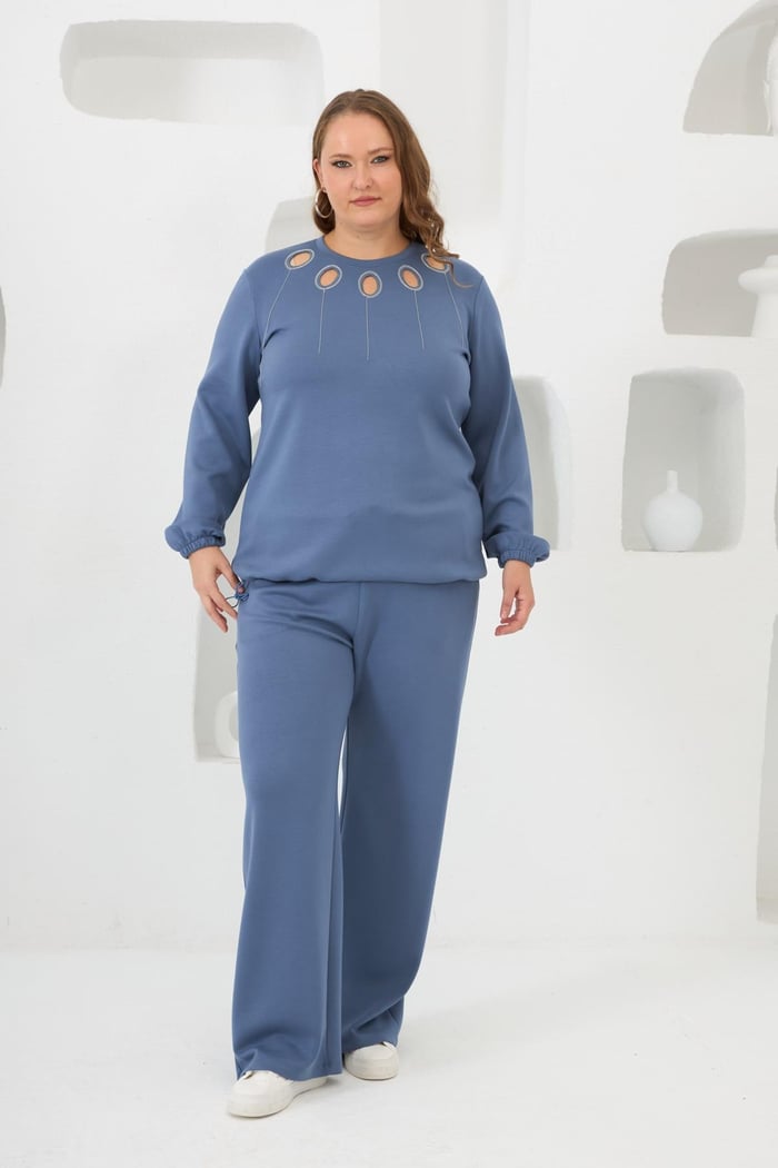 Yaka Detaylı Kol ve Eteği Büzgülü Büyük Beden Sweat İndigo