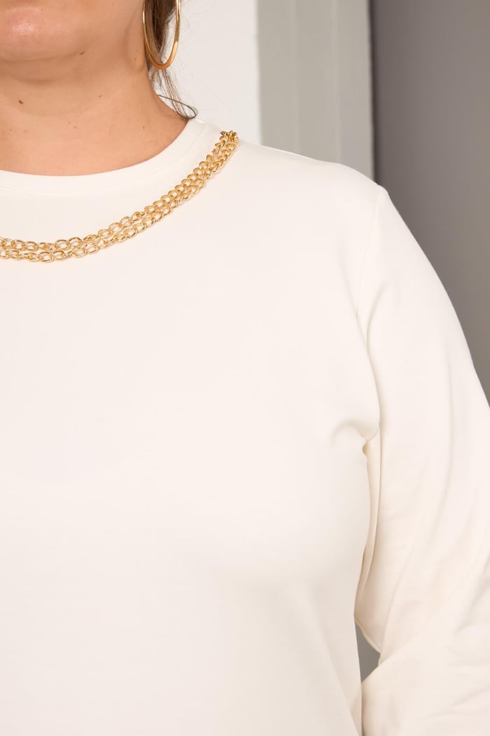 Yaka Zincir Detaylı Büyük Beden Sweatshirt Ekru