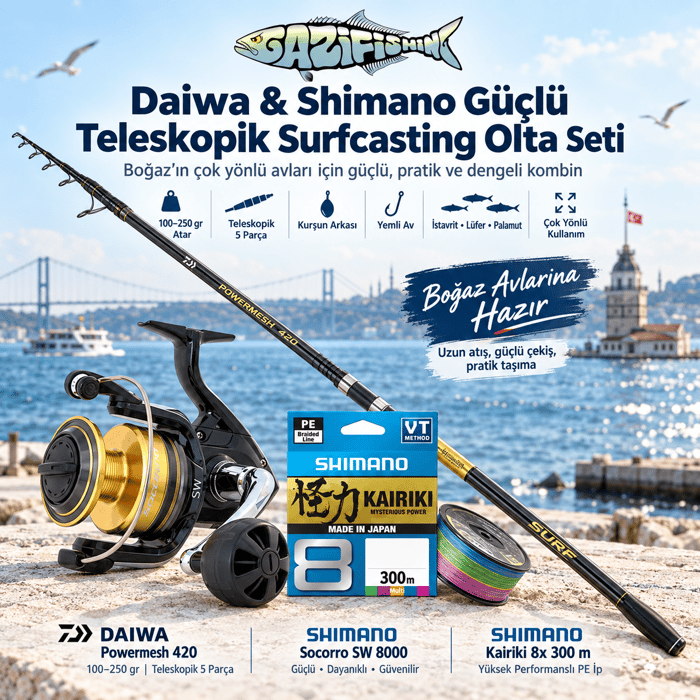 Daiwa & Shimano Güçlü Teleskopik Surfcasting Olta Seti, Surf Casting Olta Setleri, Gazi Fishing