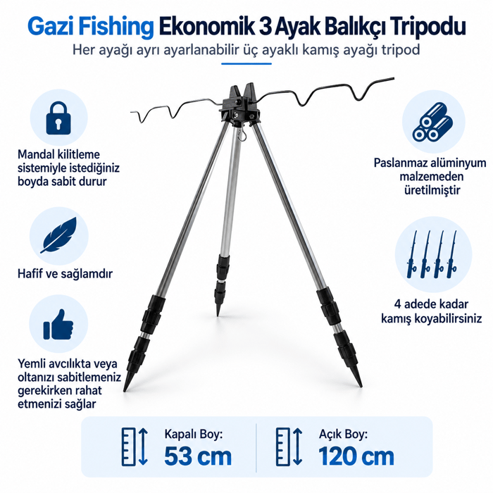Ekonomik Balıkçı Tripodu – 3 Ayaklı, 5 Kamış Kapasiteli Olta Sehpası, Balıkçı Tripodları, Gazi Fishing