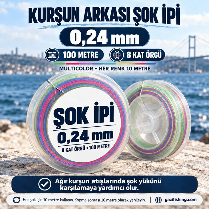 Kurşun Arkası Şok İpi - Multicolor - 100 Metre, 8 Kat Örgü İpler, Gazi Fishing