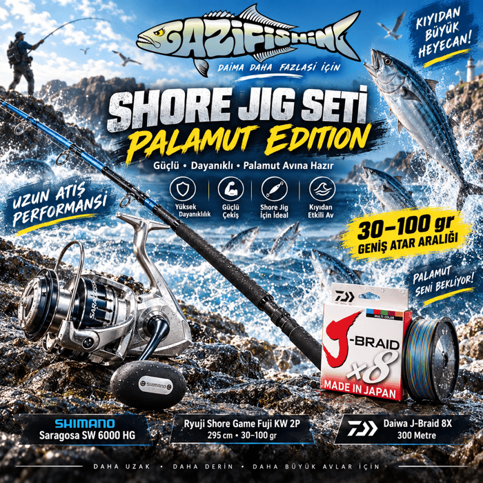 Palamut Edition Profesyonel Shore Jig Seti: Shimano Saragosa & Ryuji Shore Game, Shore Jig Olta Setleri, Gazi Fishing