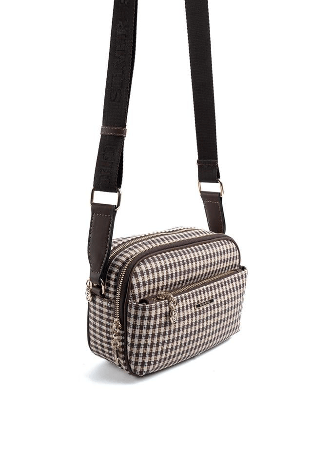 Silver & Polo SP1162 Kadın Çapraz Çanta Ekose Line Kare Kahve Sarı-Kahve