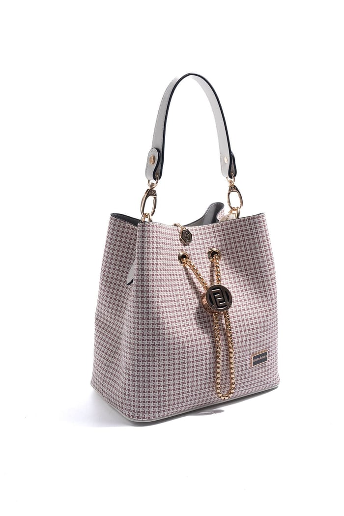 Silver Polo Pembe - Kemik Kaz Ayağı Ekose Kadın Çapraz Çanta SP967
