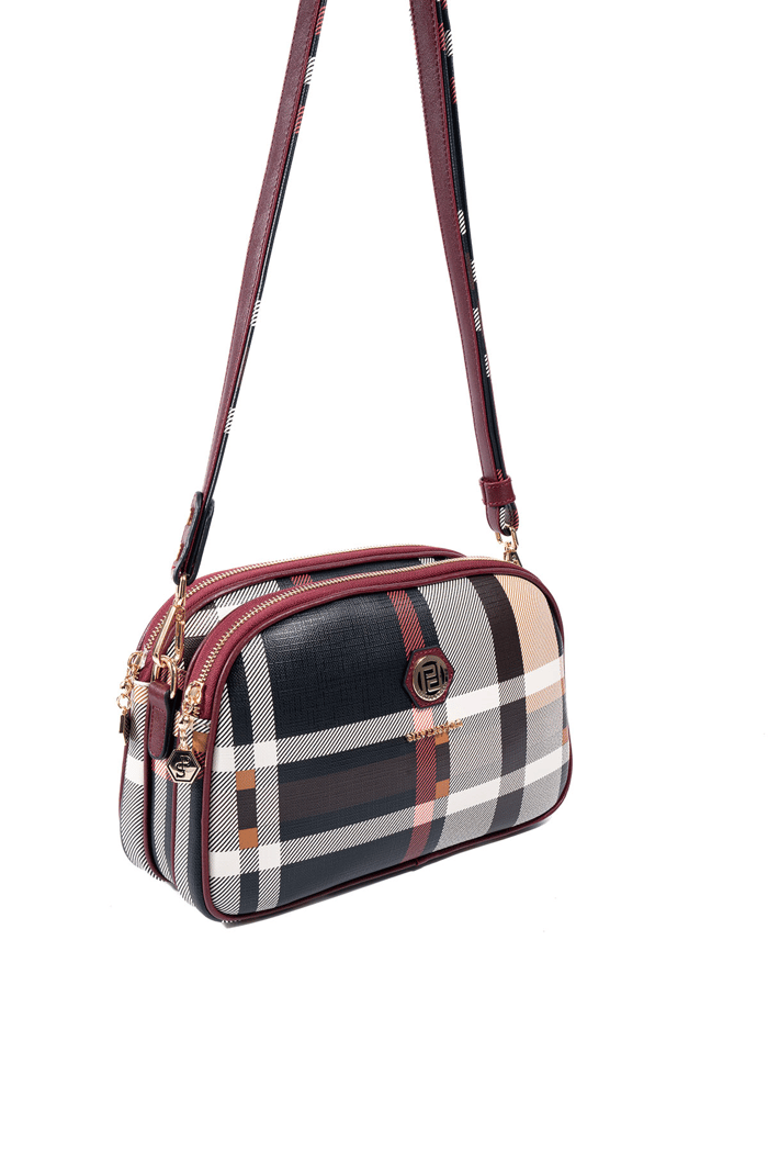 Silver Polo Siyah - Bordo Ekose Kadın Çapraz Çanta SP745