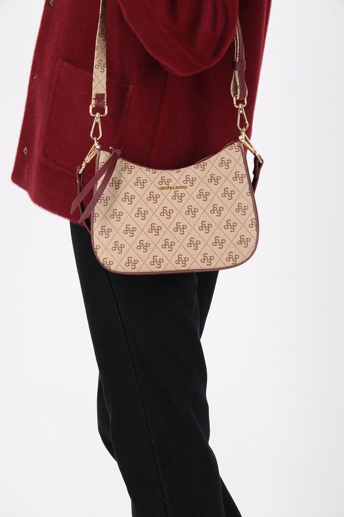 Silver Polo Koyu Bej - Bordo Monogram Kadın Omuz Çantası SP1259
