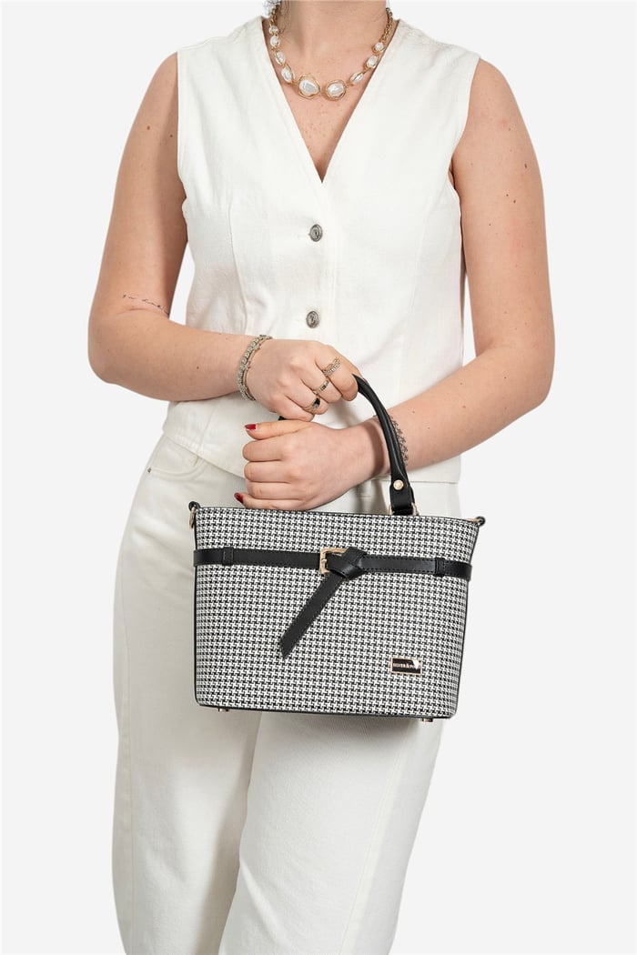 Silver Polo Siyah - Siyah Kaz Ayağı Ekose Kadın El Çantası SP1283
