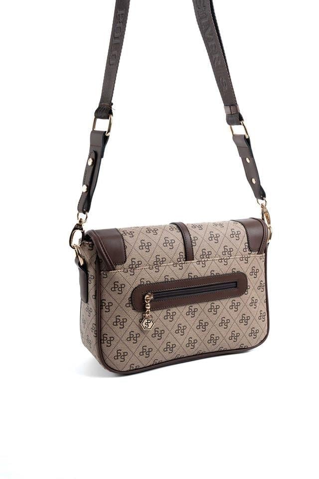 Silver & Polo SP1182 Kadın Çapraz Çanta Monogram Koyubej-Kahve