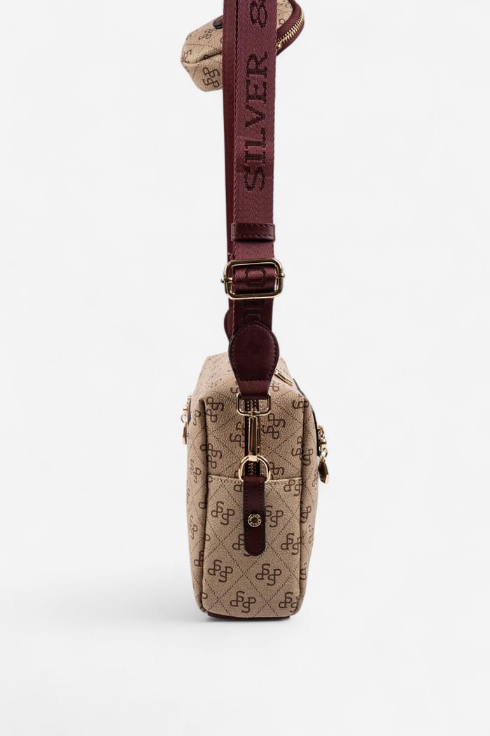 Silver Polo Koyu Bej - Bordo Monogram Kadın Çapraz Çanta SP1038