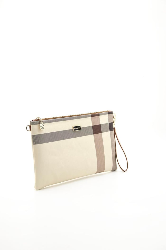 Silver Polo Krem - Taba Ekose Kadın Portföy ve Clutch El Çantası SP1034