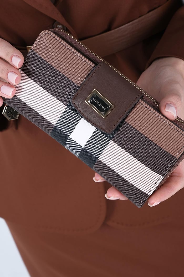 Silver Polo Koyu Kahve - Kahve Ekose Kadın Cüzdan ve Kartlık SP928