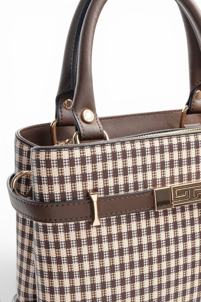 Silver Polo SP1149 Kadın El Çantası Ekose Line Kare Kahve Sarı-Kahve