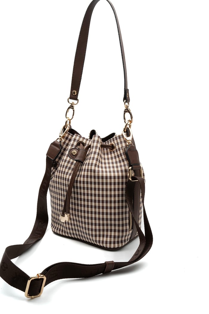 Silver & Polo SP1137 Kadın Omuz Çantası Ekose Line Kare Kahve Sarı-Kahve