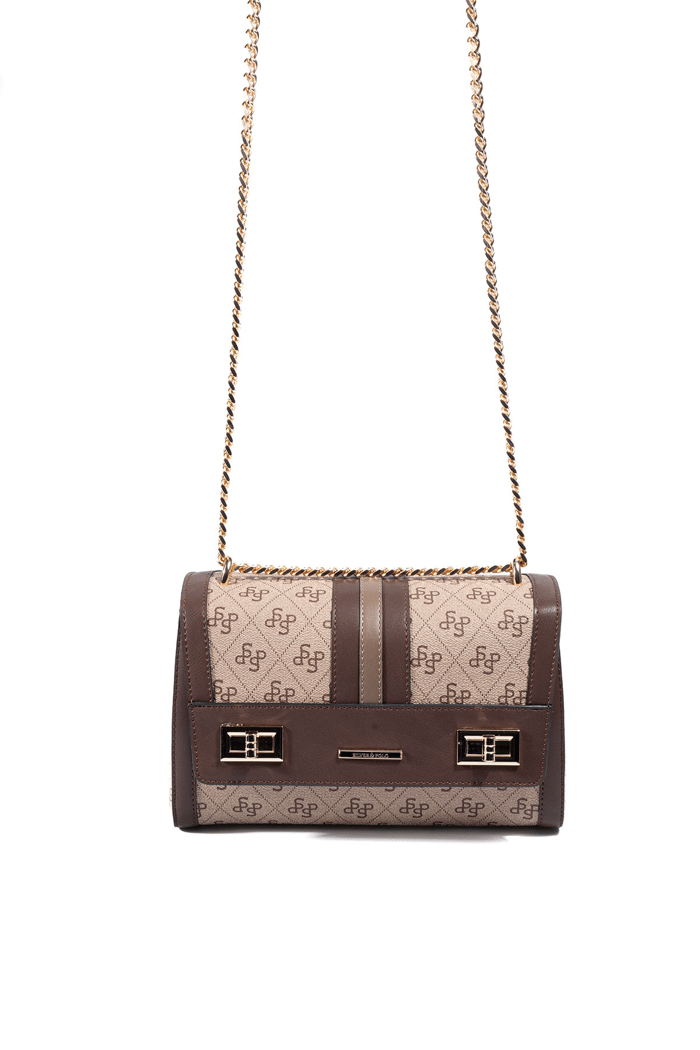 Silver Polo Koyu Bej - Kahve Monogram Kadın Çapraz Çanta SP1139