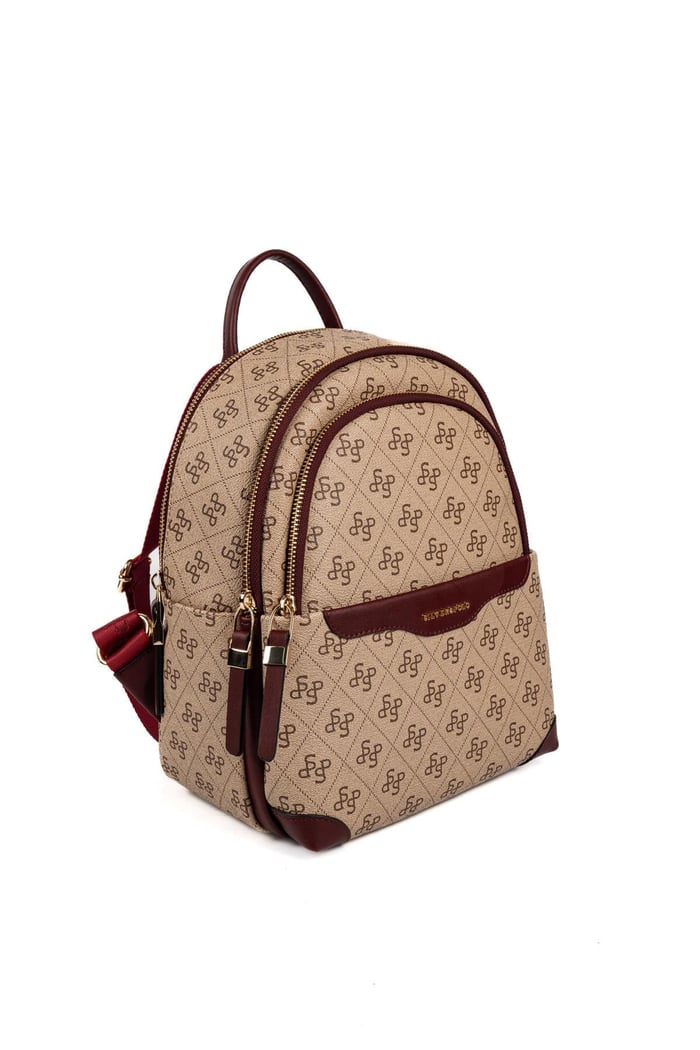 Silver Polo Koyu Bej - Bordo Monogram Kadın Sırt Çantası SP1265