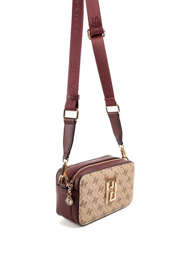 Silver Polo Koyu Bej - Bordo Monogram Kadın Çapraz Çanta SP1078