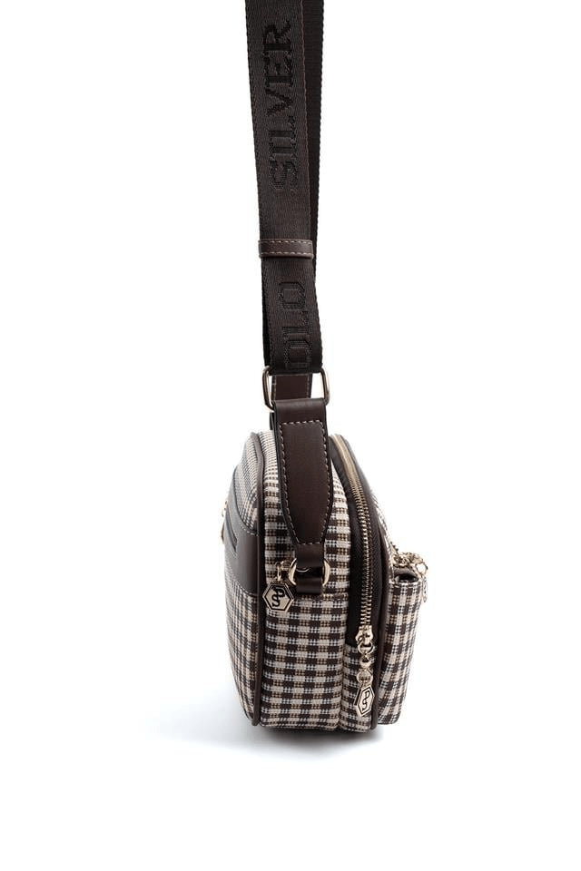 Silver & Polo SP1162 Kadın Çapraz Çanta Ekose Line Kare Kahve Sarı-Kahve