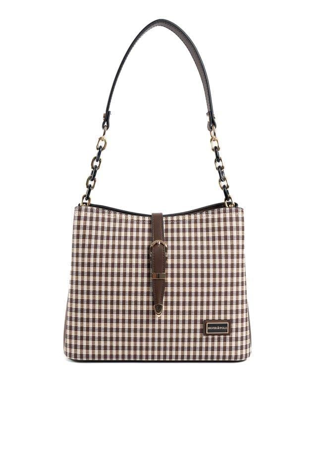Silver & Polo SP974 Kadın Omuz Çantası Ekose Line Kare Kahve Sarı-Kahve