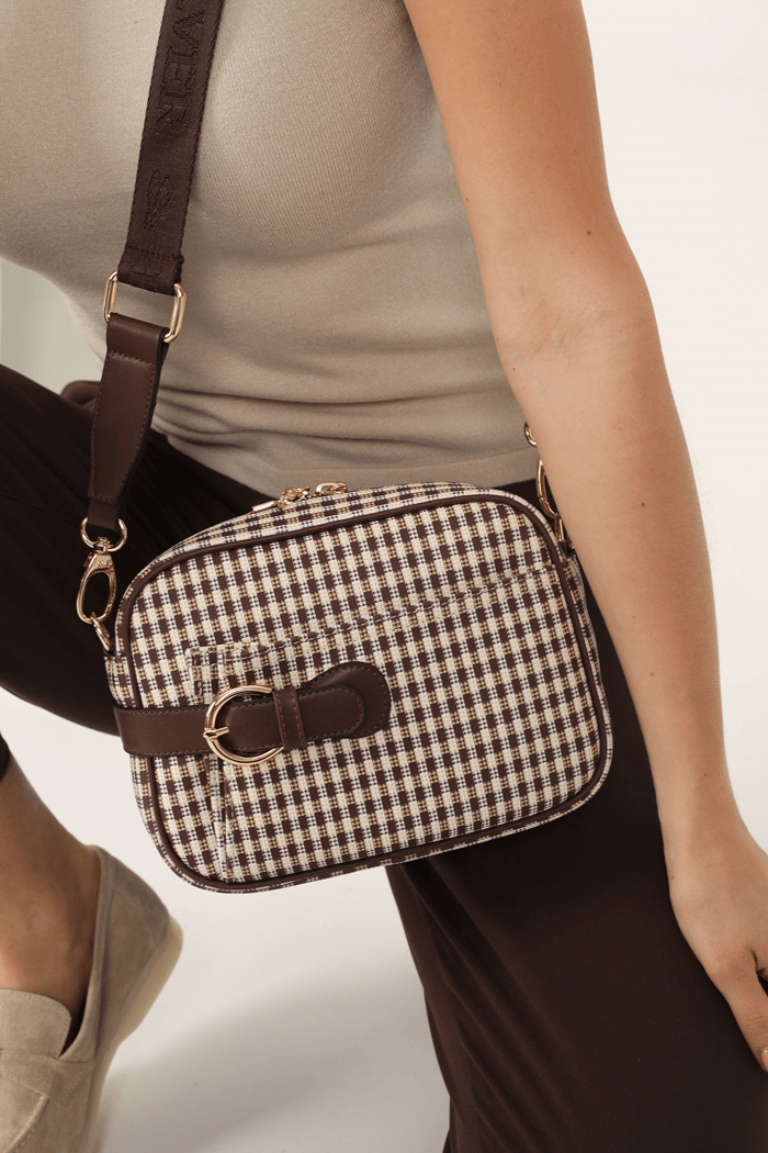 Silver & Polo SP1256 Kadın Çapraz Çanta Ekose Line Kare Kahve Sarı-Kahve