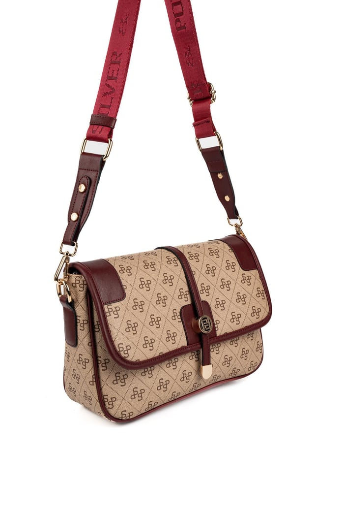 Silver Polo Koyu Bej - Bordo Monogram Kadın Çapraz Çanta SP1182