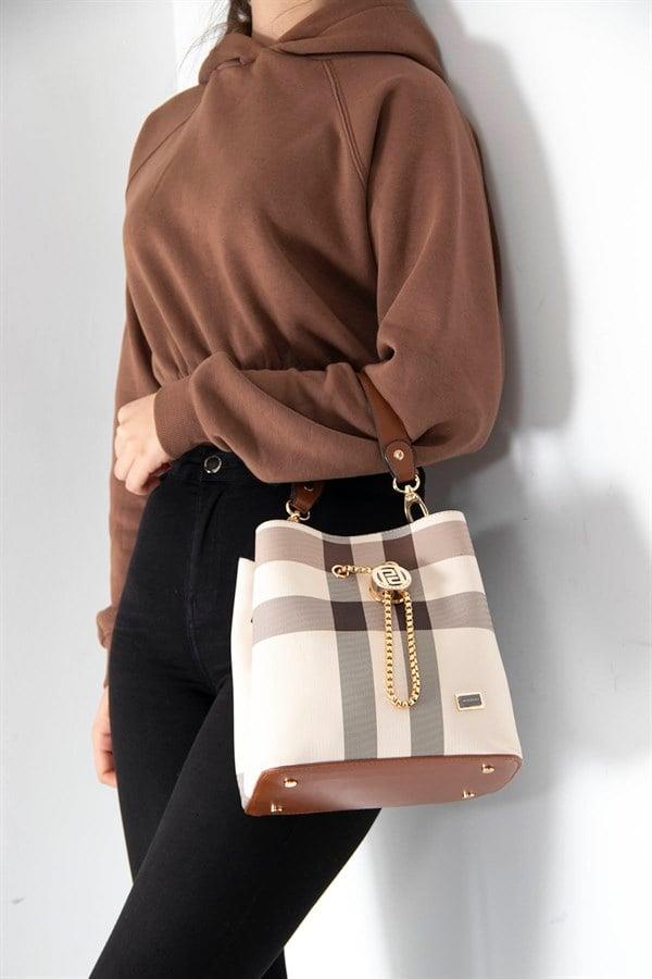 Silver Polo Krem - Taba Ekose Kadın Çapraz Çanta SP967