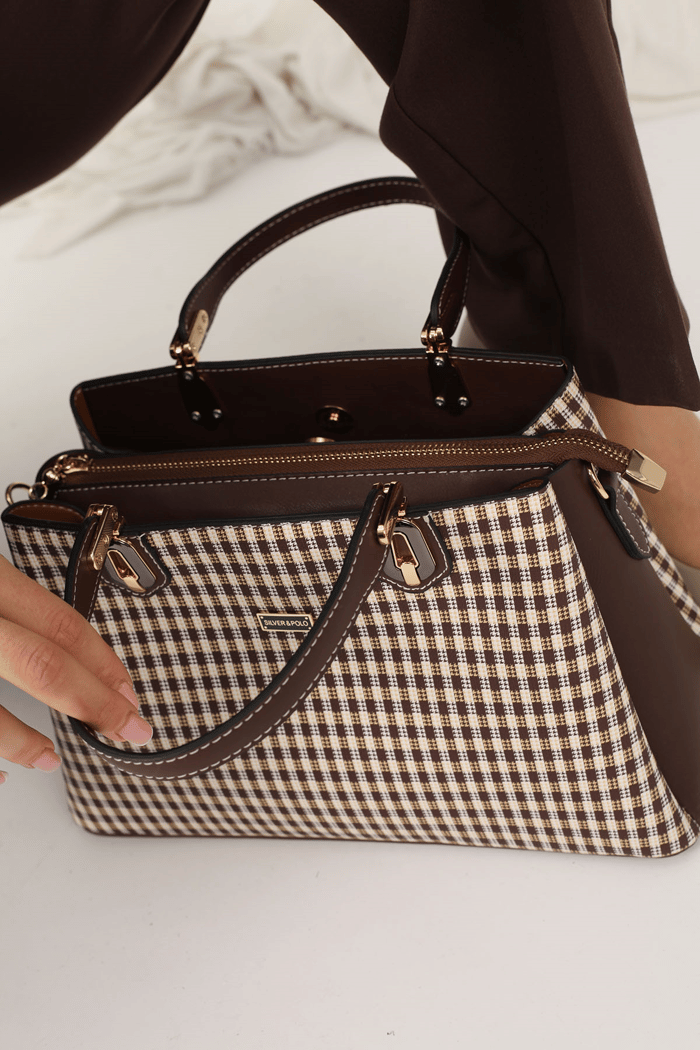 Silver Polo Kahve Sarı - Kahve Ekose Line Kare Kadın El Çantası SP1253