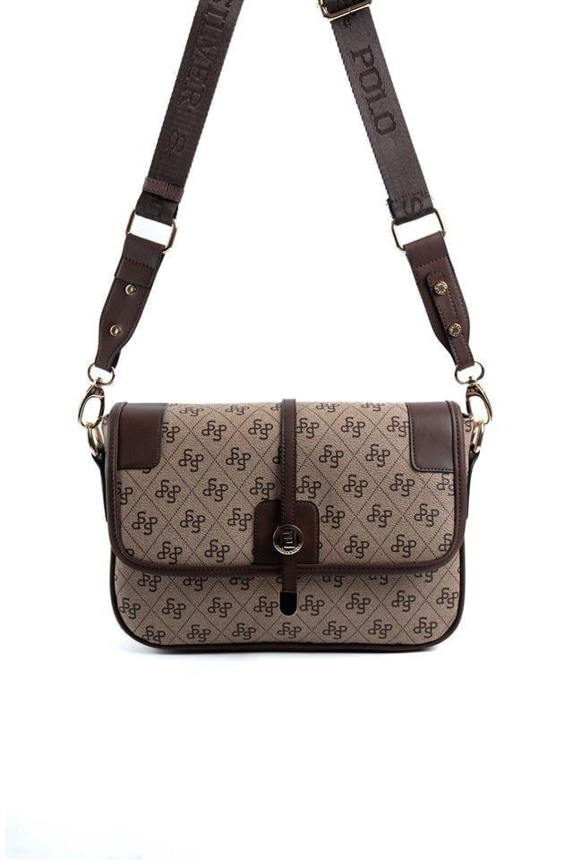 Silver & Polo SP1182 Kadın Çapraz Çanta Monogram Koyubej-Kahve