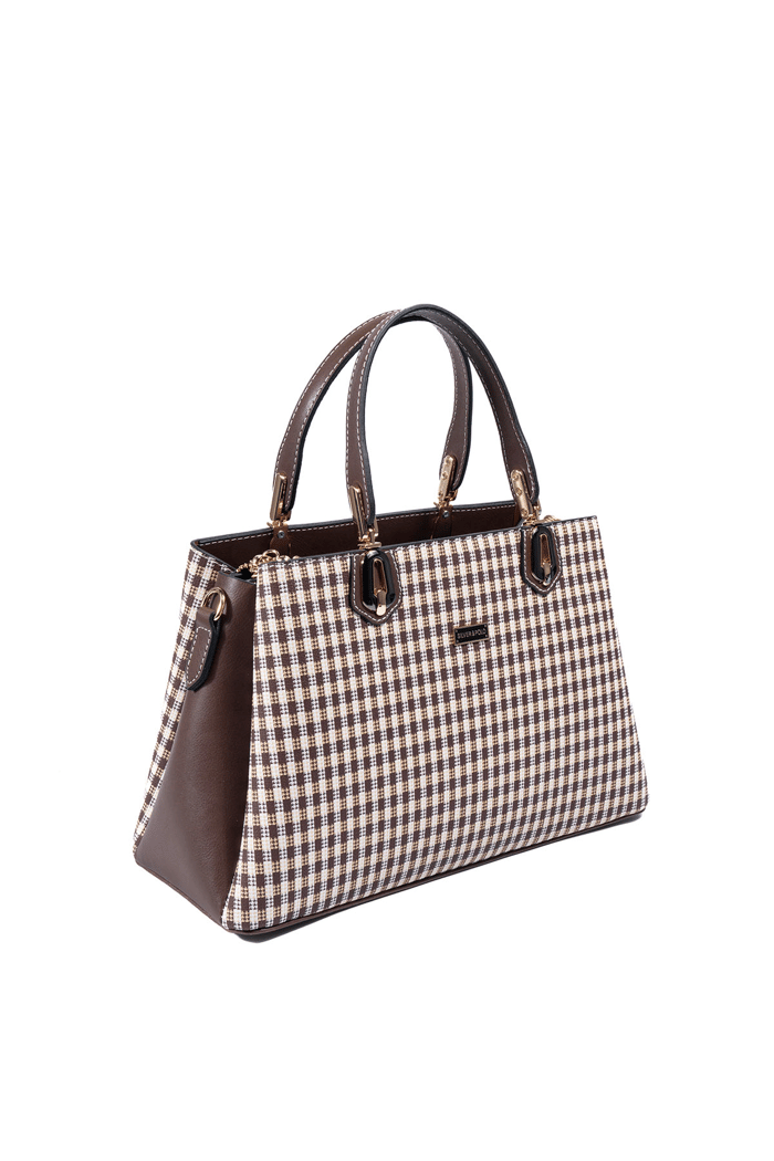 Silver Polo Kahve Sarı - Kahve Ekose Line Kare Kadın El Çantası SP1253