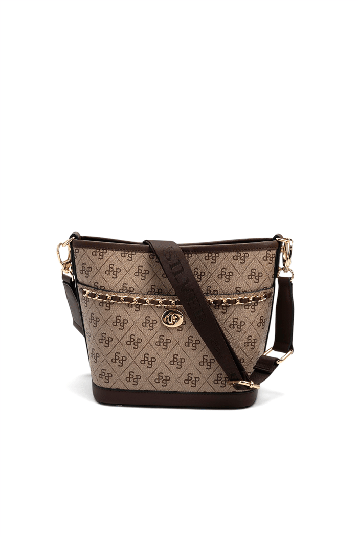 Silver & Polo SP1284 Kadın Omuz Çantası Monogram Koyu Bej-Kahve