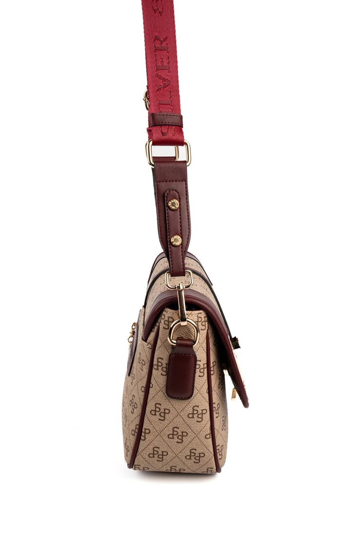 Silver Polo Koyu Bej - Bordo Monogram Kadın Çapraz Çanta SP1182