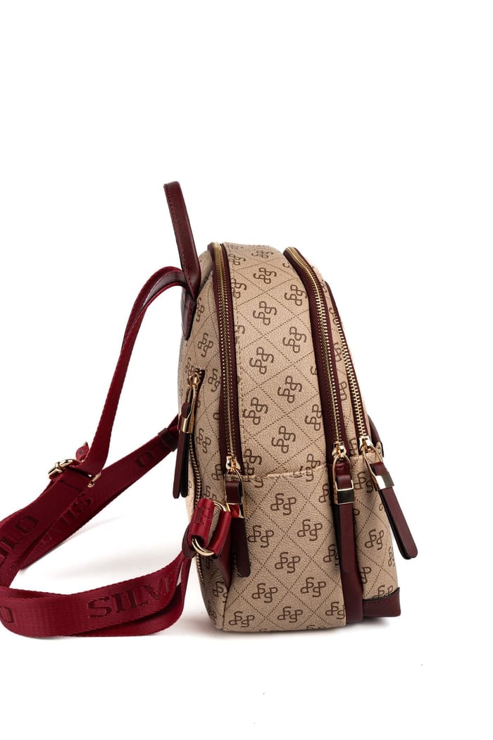 Silver Polo Koyu Bej - Bordo Monogram Kadın Sırt Çantası SP1265