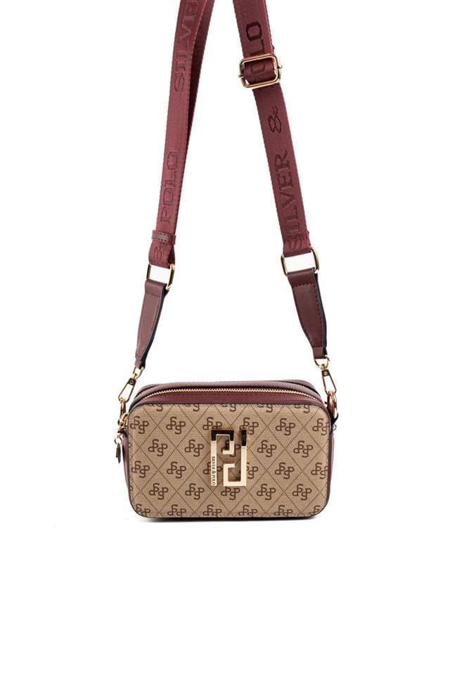 Silver Polo Koyu Bej - Bordo Monogram Kadın Çapraz Çanta SP1078