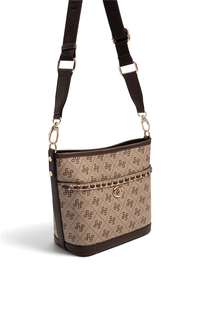 Silver & Polo SP1284 Kadın Omuz Çantası Monogram Koyu Bej-Kahve