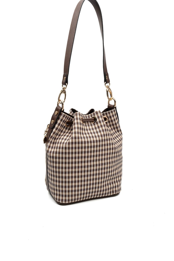 Silver & Polo SP1137 Kadın Omuz Çantası Ekose Line Kare Kahve Sarı-Kahve