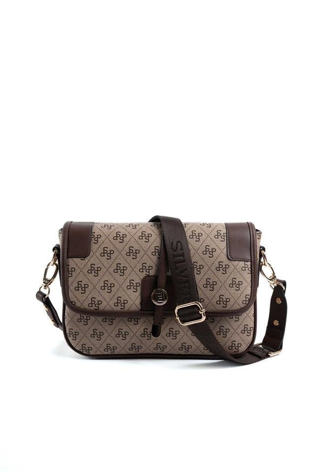 Silver & Polo SP1182 Kadın Çapraz Çanta Monogram Koyubej-Kahve