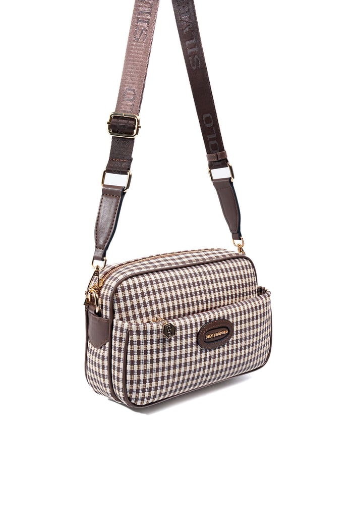 Silver & Polo SP1267 Kadın Çapraz Çanta Ekose Line Kare Kahve Sarı-Kahve