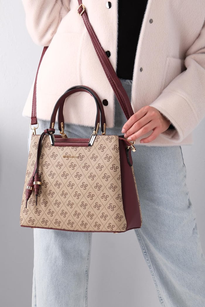 Silver Polo Koyu Bej - Bordo Monogram Kadın El Çantası SP969